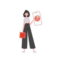 A woman holds a phone with the IoT logo in her hands. Internet of things and automation concept. Vector illustration in trendy flat style.