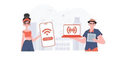 IoT concept. A man and a woman are a team in the field of the Internet of things. Good for websites and presentations. Trendy flat style. Vector. vector