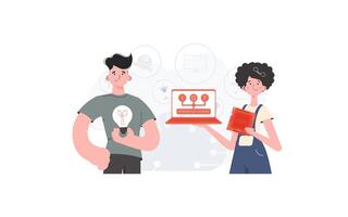 The girl and the guy are a team in the field of Internet of things. IoT concept. Good for presentations and websites. Vector illustration in trendy flat style.