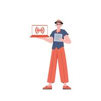 A man holds a laptop and a processor chip in his hands. IoT concept. Isolated. Vector. vector