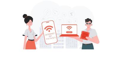 iot y automatización concepto. el niña y el chico son un equipo en el campo de iot bueno para presentaciones y sitios web vector ilustración en plano estilo.