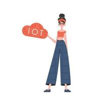 The girl holds the IoT logo in her hands. IoT concept. Isolated. Vector illustration in trendy flat style.