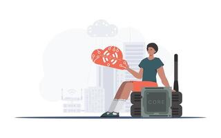 Internet of things and automation concept. The guy sits on the router and holds the internet of things logo in his hands. Vector illustration in trendy flat style.