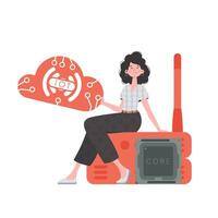 A woman sits on a router and holds the internet of things logo in her hands. IoT concept. Isolated. Trendy flat style. . vector