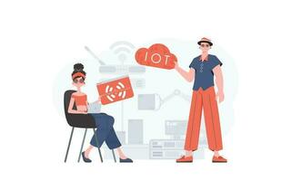A man and a woman are a team in the field of the Internet of things. IoT concept. Good for websites and presentations. Vector illustration.