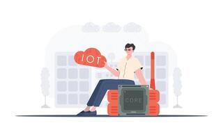 Internet of things concept. The guy sits on the router and holds the internet of things logo in his hands. Vector illustration in flat style.