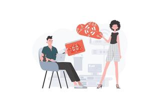 The girl and the guy are a team in the field of Internet of things. IOT and automation concept. Good for presentations and websites. Trendy flat style. Vector. vector