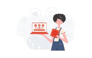 The girl is holding a laptop and a processor chip in her hands. Internet of things concept. Vector. vector