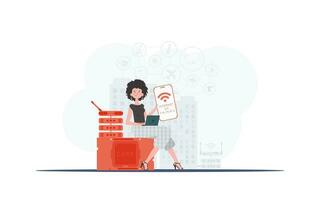 Internet of things concept. A woman holds a phone with the IoT logo in her hands. Trendy flat style. Vector illustration.