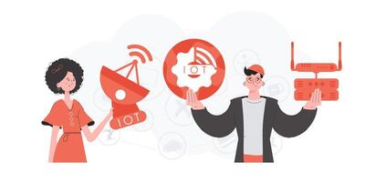 iot y automatización concepto. un hombre y un mujer son un equipo en el campo de el Internet de cosas. bueno para sitios web y presentaciones vector ilustración.