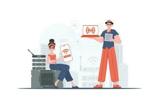 IOT and automation concept. The girl and the guy are a team in the field of Internet of things. Good for websites and presentations. Trendy flat style. Vector. vector