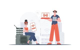 IOT and automation concept. The girl and the guy are a team in the field of Internet of things. Good for websites and presentations. Trendy flat style. Vector. vector