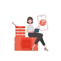 The girl is holding a phone with the IoT logo in her hands. IOT and automation concept. Vector illustration in trendy flat style.