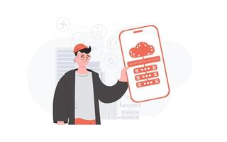 Internet de cosas y automatización concepto. el chico es participación un teléfono con el iot logo en su manos. de moda plano estilo. vector ilustración.