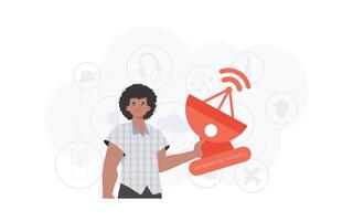 A man holds a satellite dish in his hands. IOT and automation concept. Good for presentations and websites. Vector illustration in trendy flat style.