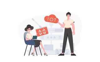 A man and a woman are a team in the field of the Internet of things. IoT concept. Good for presentations and websites. Vector illustration in trendy flat style.