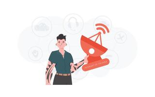 A man holds a satellite dish in his hands. Internet of things concept. Good for presentations, websites and typography. Vector illustration in trendy flat style.