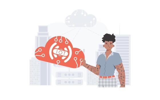 el chico es participación un Internet cosa icono en su manos. Internet de cosas y automatización concepto. bueno para sitios web y presentaciones vector ilustración en plano estilo.