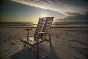 un playa silla sentado en parte superior de un arenoso playa. ai generado foto