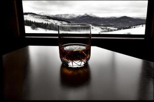 un vaso de whisky en un mesa en frente de un ventana. ai generado foto