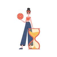 A woman stands in full growth and holds a watch in her hands. Isolated. Element for presentation. vector