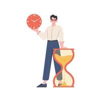 A man stands in full growth and holds a watch in his hands. Isolated. Element for presentation. vector