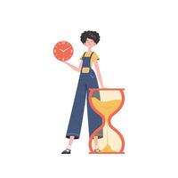 A woman stands in full growth next to an hourglass. Isolated. Element for presentation. vector