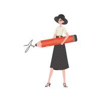 A woman standing in full growth puts a signature with a pencil. Isolated. Element for presentation. vector