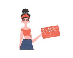 A woman holds a panel with analyzers and indicators in her hands. IoT concept. Isolated. illustration in flat style. vector