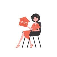 The girl sits in a chair and holds an icon of a house in her hands. Internet of things concept. Isolated on white background. Vector illustration in flat style.