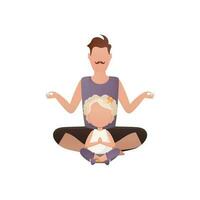 A man with a cute little girl are sitting doing meditation. Isolated. Cartoon style. vector