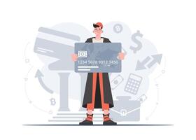 A man stands in full growth with a bank card. Deposit. Flat style. Element for presentations, sites. vector