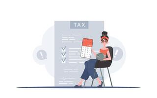 The girl sits in a chair and holds a calculator and a piggy bank in her hands. The concept of payment and calculation of taxes. illustration in a flat style. vector