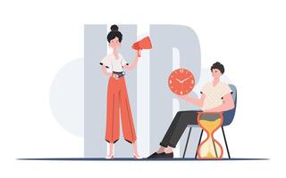 A man sits on a chair with a clock next to a woman with a loudspeaker. Human resource. Element for presentations. vector