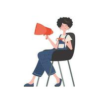 The girl sits in a chair and holds a bullhorn or loudspeaker. Isolated. Vector illustration.