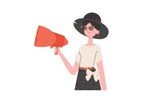 A woman stands waist-deep with a loudspeaker. Isolated. Element for presentation. vector