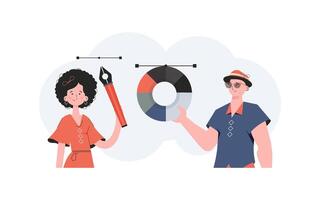 A man and a woman stand waist-deep with a pen tool in their hands. Design. Element for presentation. vector