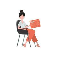 A woman sits in a chair and holds a panel with analyzers and indicators in her hands. Internet of things and automation concept. Isolated. Vector illustration in trendy flat style.