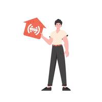 The man is depicted in full growth, holding the icon of the house in his hands. Internet of things concept. illustration in flat style. vector