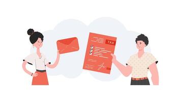 A man and a woman stand waist-deep with a declaration form in their hands. Filling out a tax return. Element for presentation. vector