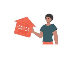 Internet of things and automation concept. The guy is shown to the waist. A man holds an icon of a house in his hands. Isolated. Vector illustration in flat style.