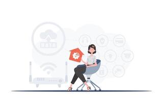 IoT concept. The girl sits in a chair and holds an icon of a house in her hands. Good for websites and presentations. Vector illustration in flat style.