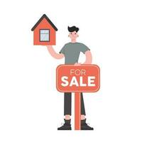 A man stands in full growth and shows a house for sale. Isolated. Flat style. Element for presentations, sites. vector
