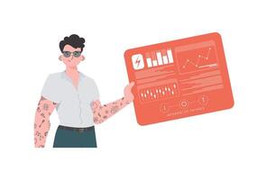 A man holds a panel with analyzers and indicators in his hands. IoT concept. Isolated. illustration in trendy flat style. vector