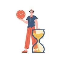 A man stands to his full height next to an hourglass. Isolated. Element for presentation. vector