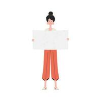 A woman stands in full growth holding a blank sheet in her hands. Isolated. Flat style. Element for presentations, sites. vector