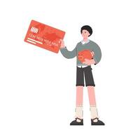 A man stands in full growth holding a credit card in his hands. Isolated. Flat style. Element for presentations, sites. vector