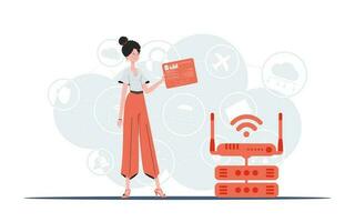 IOT and automation concept. A woman holds a panel with analyzers and indicators in her hands. Good for websites and presentations. Vector illustration in flat style.
