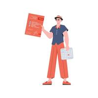 A man stands to his full height and counts taxes. Isolated. Element for presentation. vector