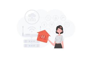 The woman is depicted waist-deep, holding an icon of a house in her hands. IoT concept. Good for presentations and websites. Vector illustration in flat style.